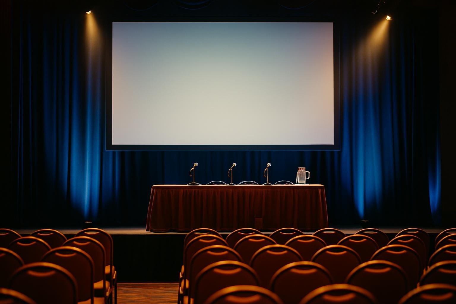 Palco de painel de anime em convenção com telão, mesa de microfones e cadeiras vazias sob luzes quentes
