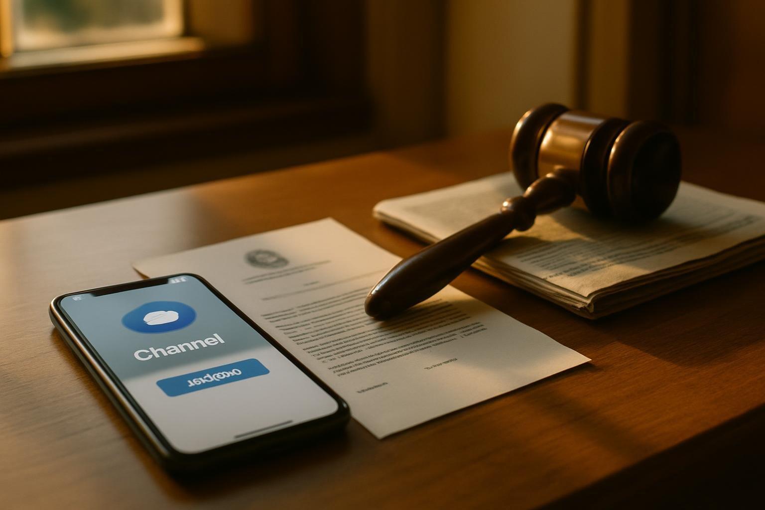 Celular com aplicativo de mensagens aberto sobre mesa de escritório ao lado de documento judicial e martelo