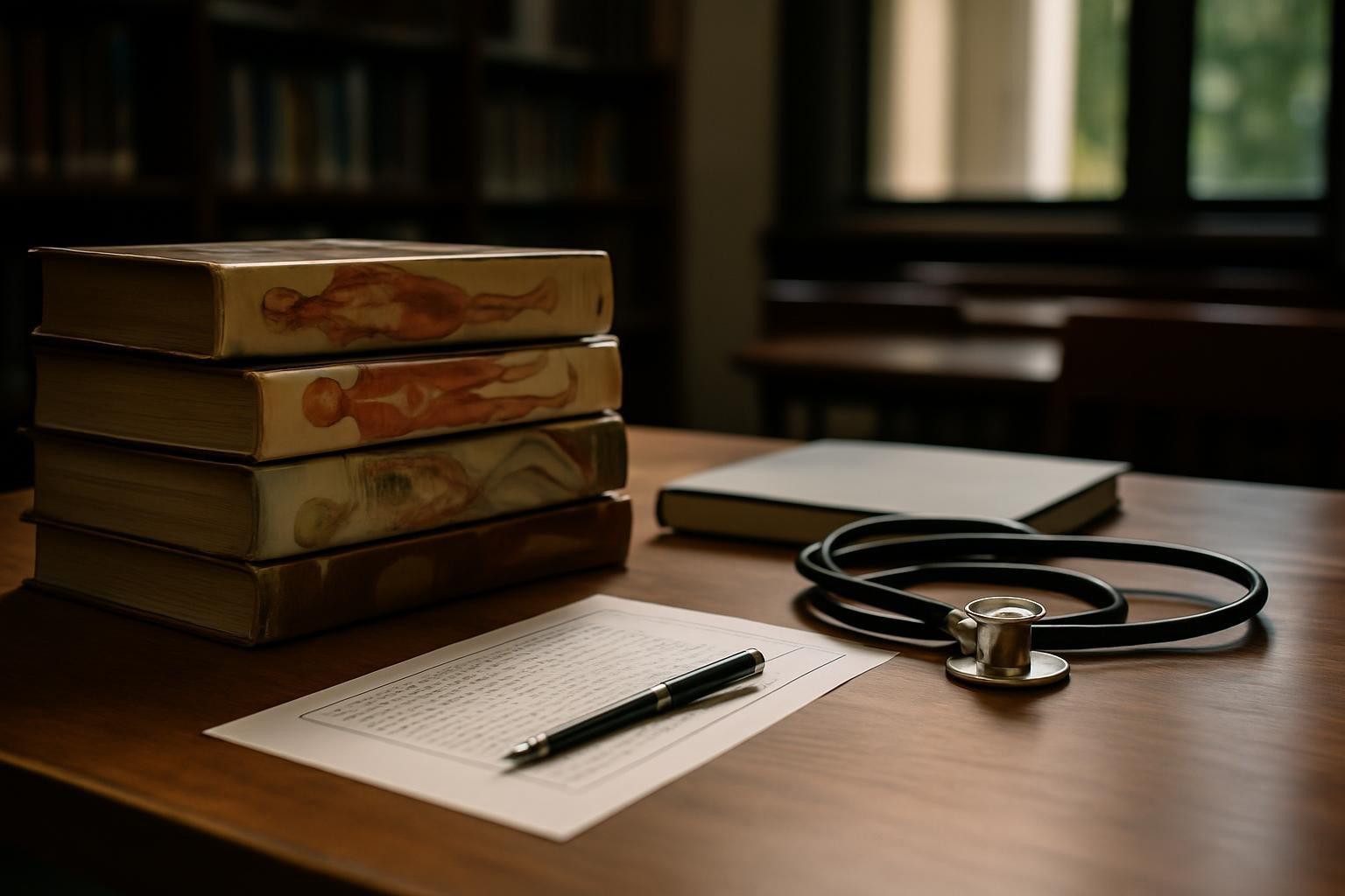 Livros de anatomia, estetoscópio e folha de prova sobre mesa de biblioteca de medicina