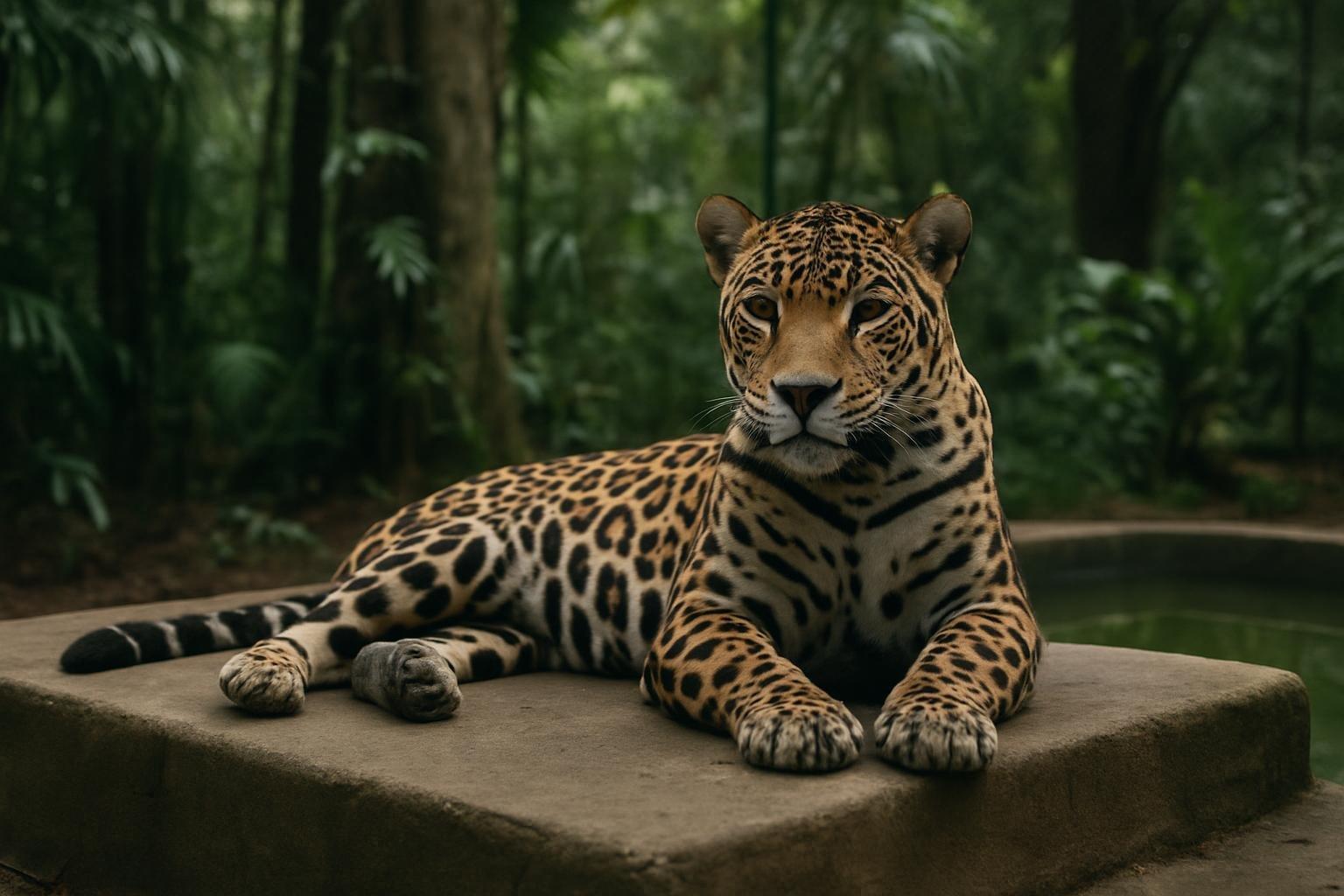 Onça-pintada deitada em plataforma de concreto em recinto de zoológico cercado por vegetação amazônica