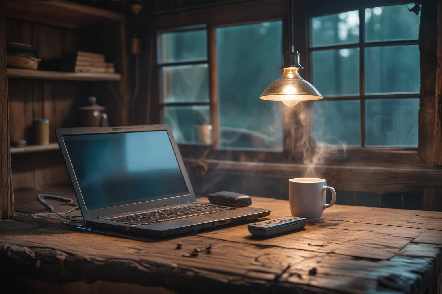 Mesa de madeira rústica com notebook fechado, fones de ouvido, controle remoto e caneca de café em ambiente aconchegante