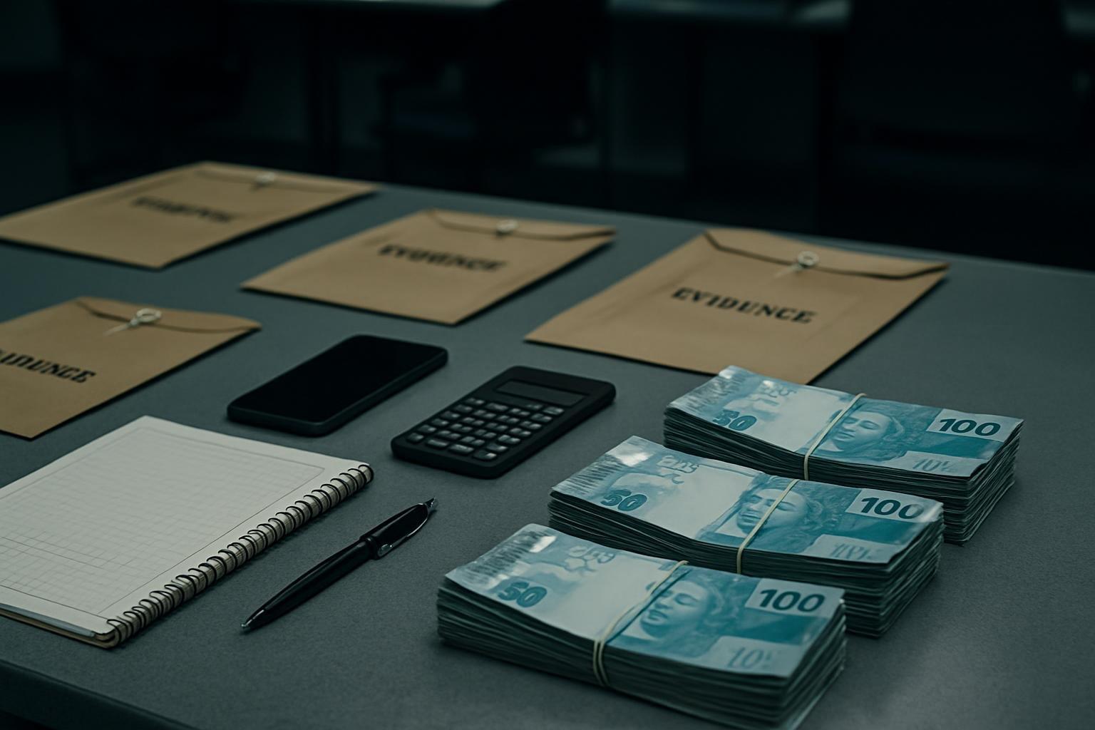 Mesa de perícia com cédulas de real, caderno de contabilidade, calculadora e envelopes de provas apreendidas em operação contra lavagem de dinheiro