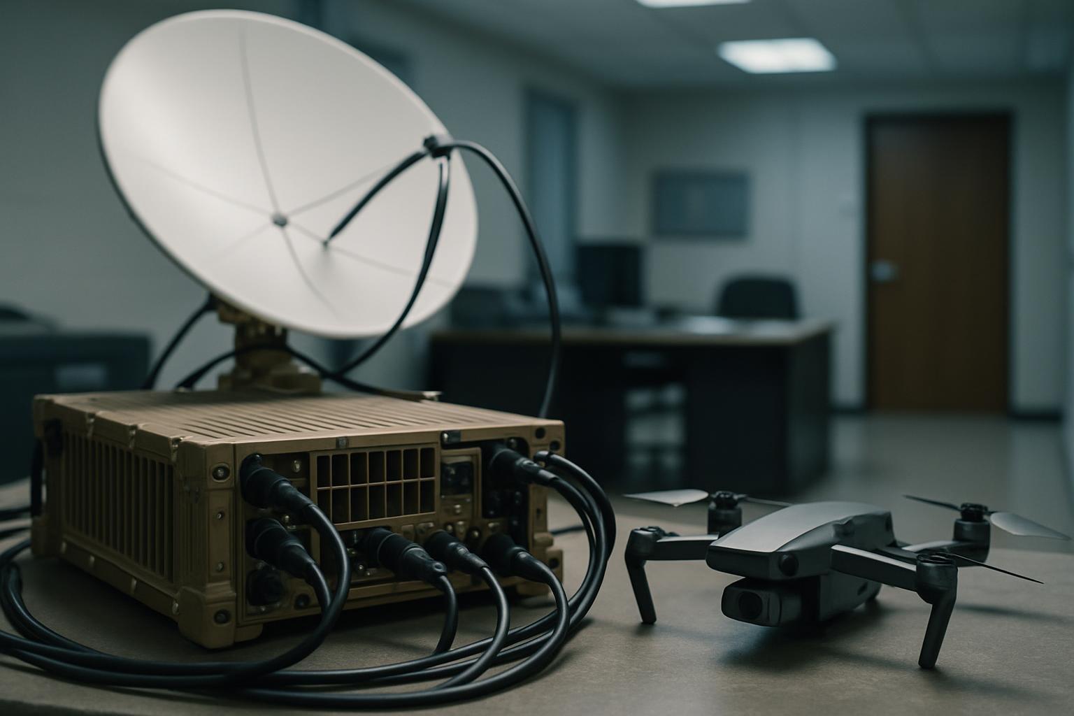 Terminal de comunicação via satélite e drone sobre bancada, com sala de escritório ao fundo