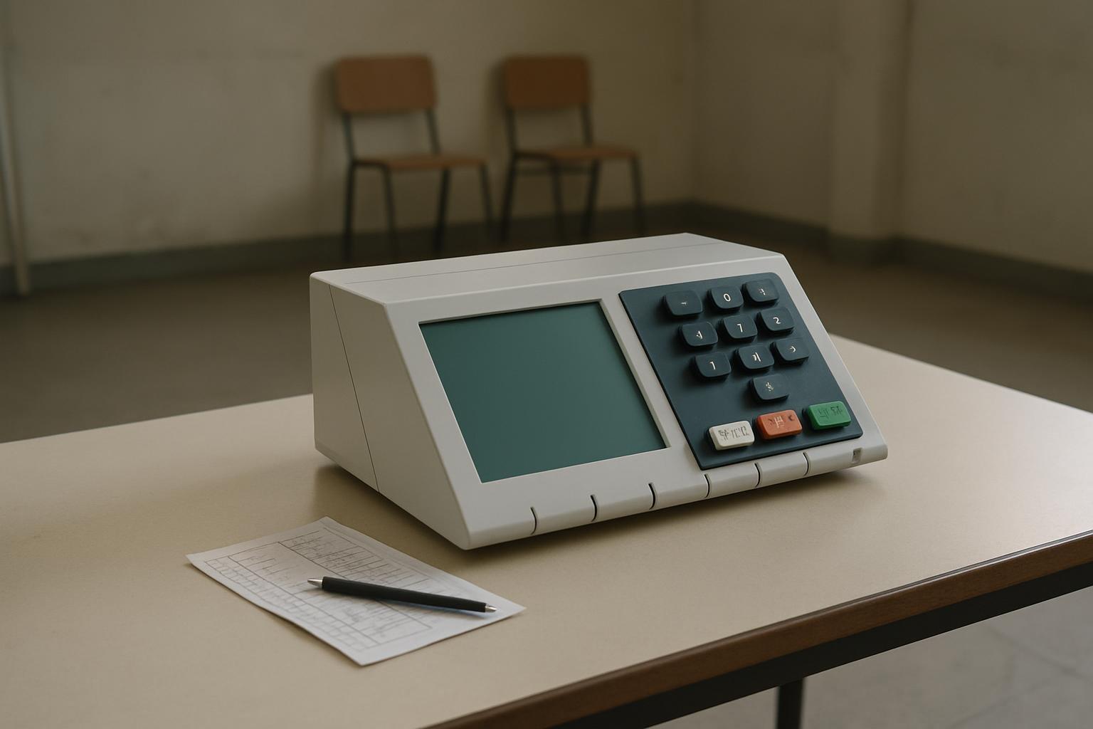 Urna eletrônica em mesa de seção eleitoral vazia ao lado de uma cola de papel com números anotados