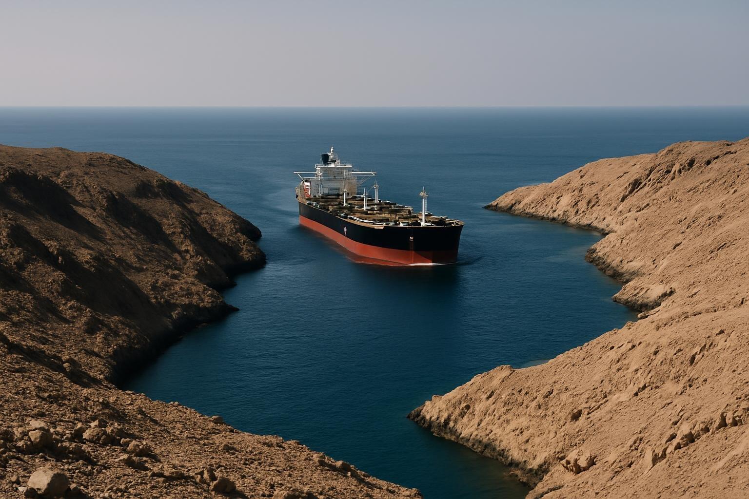 Navio petroleiro cruza o estreito de Ormuz entre costas rochosas