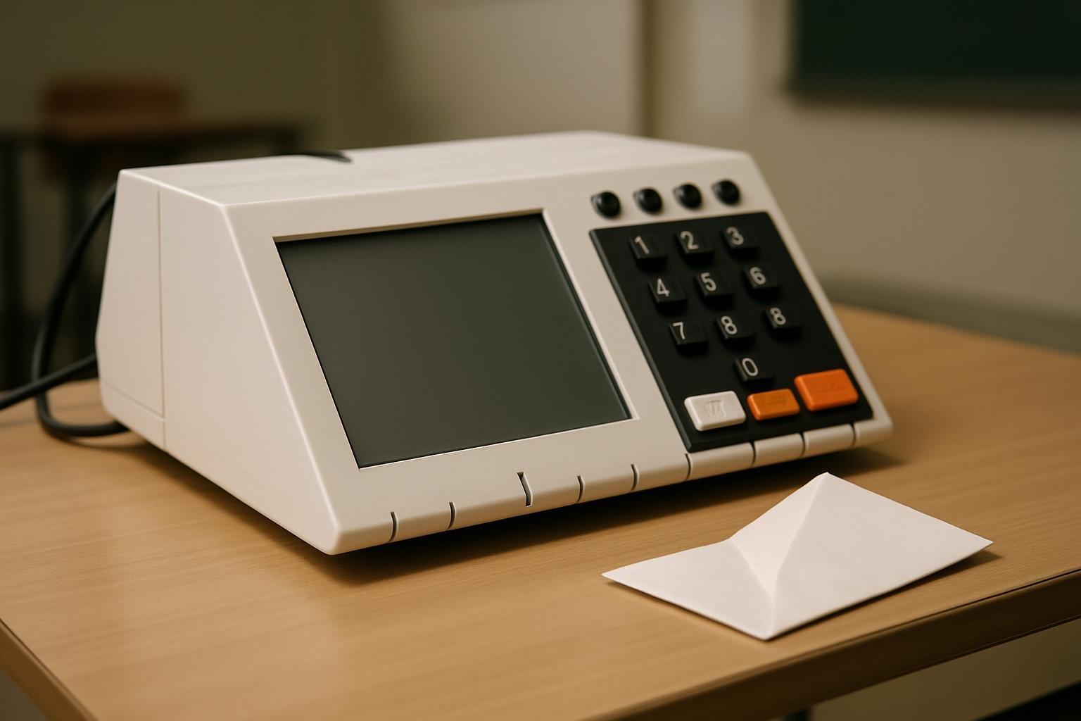 Urna eletrônica brasileira sobre mesa com cédula de papel ao lado em local de votação