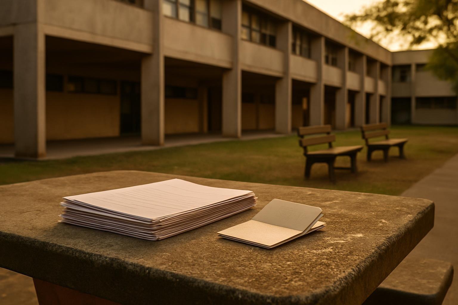 Fachada de universidade pública com documentos de matrícula e caderneta de poupança sobre mesa, sem pessoas