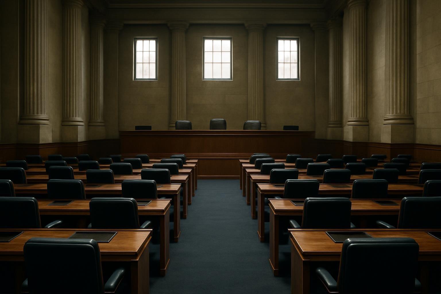 Plenário vazio do Senado com fileiras de cadeiras e mesas de madeira ao fundo, sem ninguém