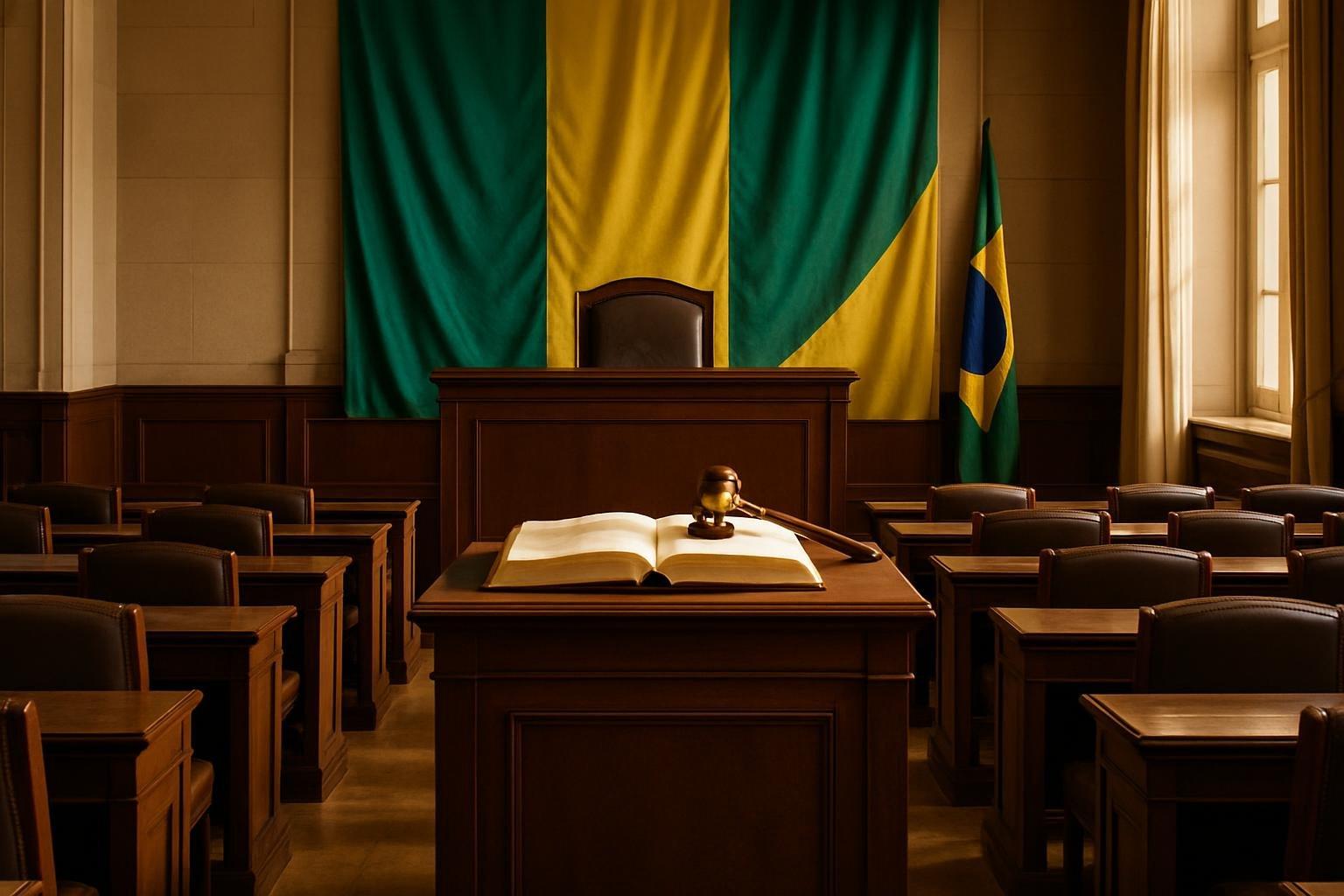Plenário do Senado vazio com documento e martelo sobre a mesa, em luz da manhã