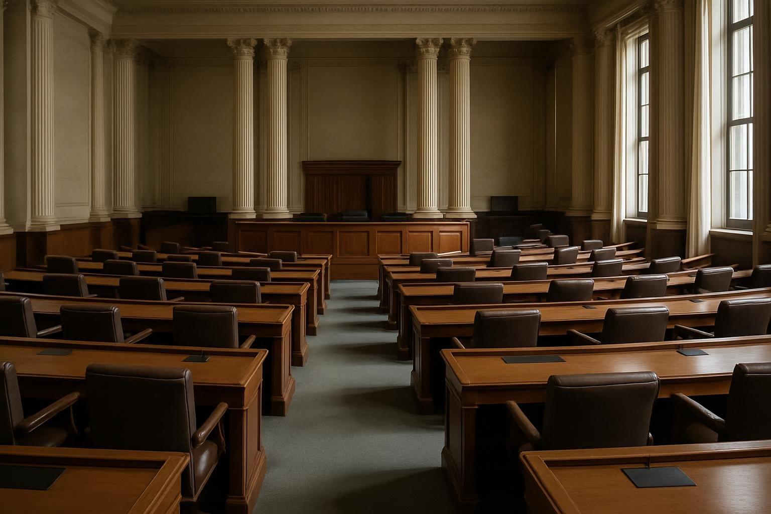 Plenário do Senado vazio, com cadeiras e mesas de madeira enfileiradas e a mesa da presidência ao fundo
