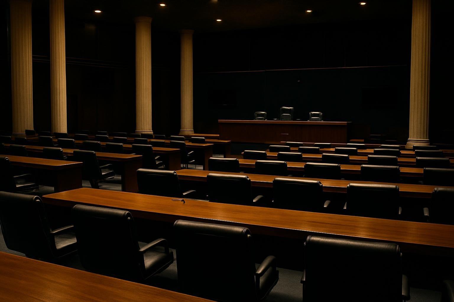 Plenário vazio do Senado com cadeiras e mesas de madeira, sem parlamentares, sob luz baixa