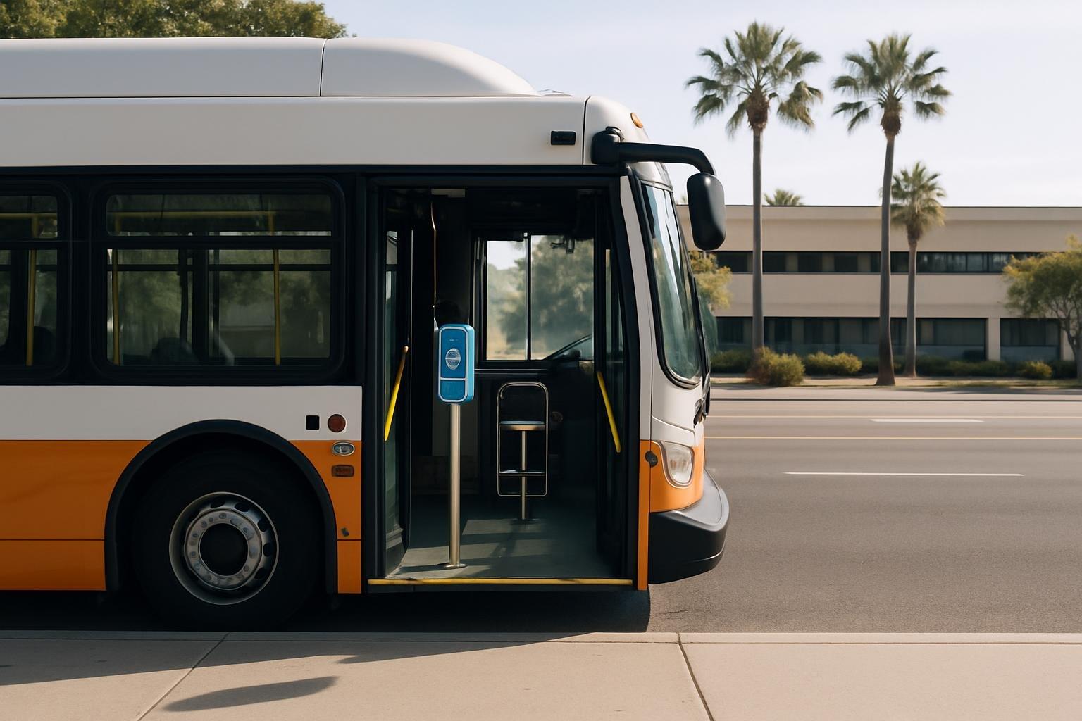 Ônibus urbano parado em um ponto com a porta aberta em um fim de semana ensolarado