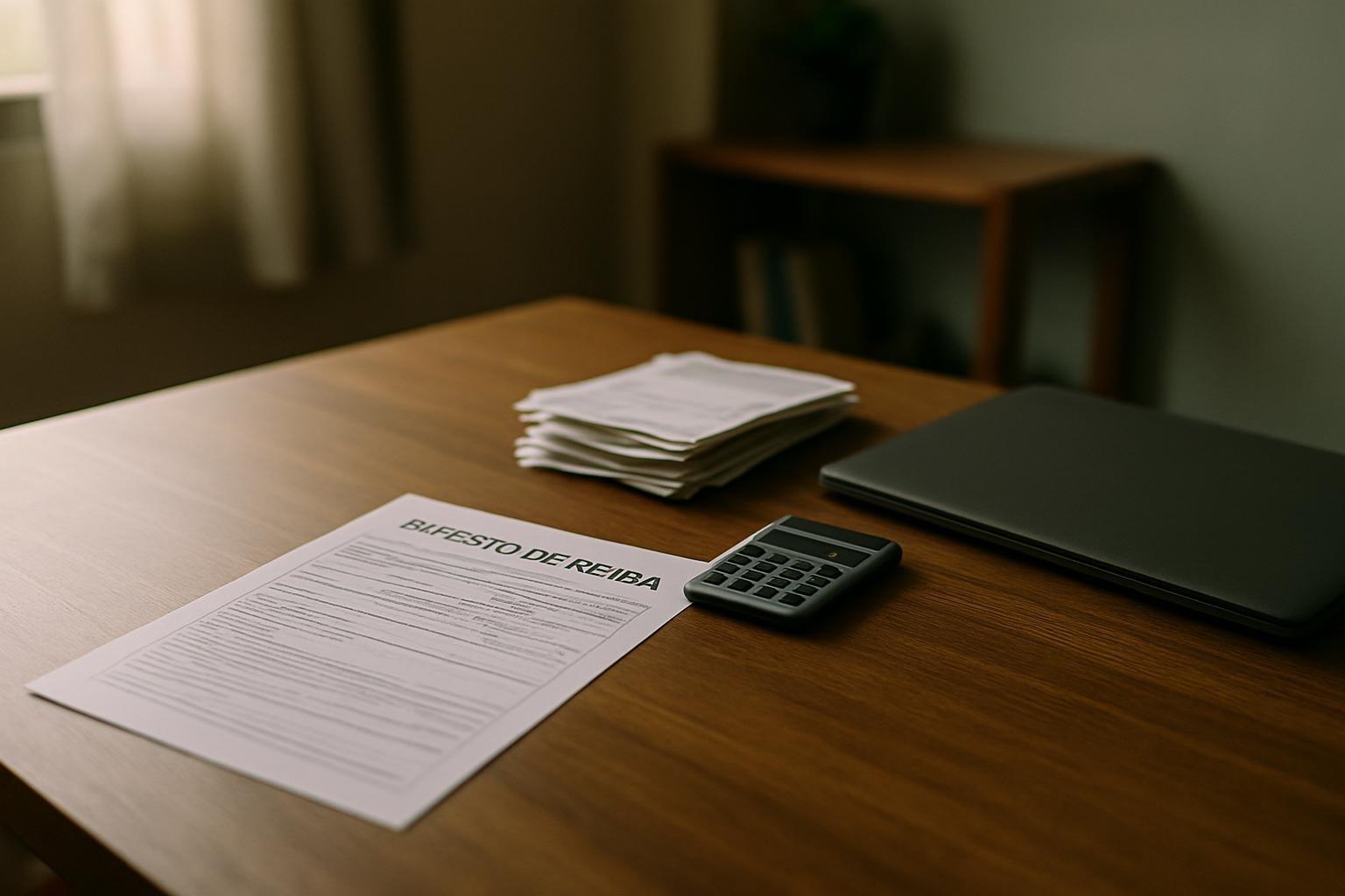 Mesa de home office com calculadora, documentos e pilha de boletos representando as dívidas tributárias dos MEIs