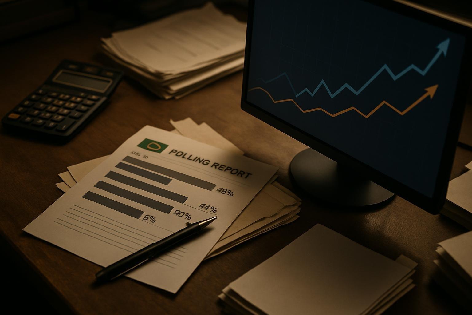Mesa de redação com relatório de pesquisa eleitoral impresso, calculadora e monitor exibindo gráfico de intenção de voto