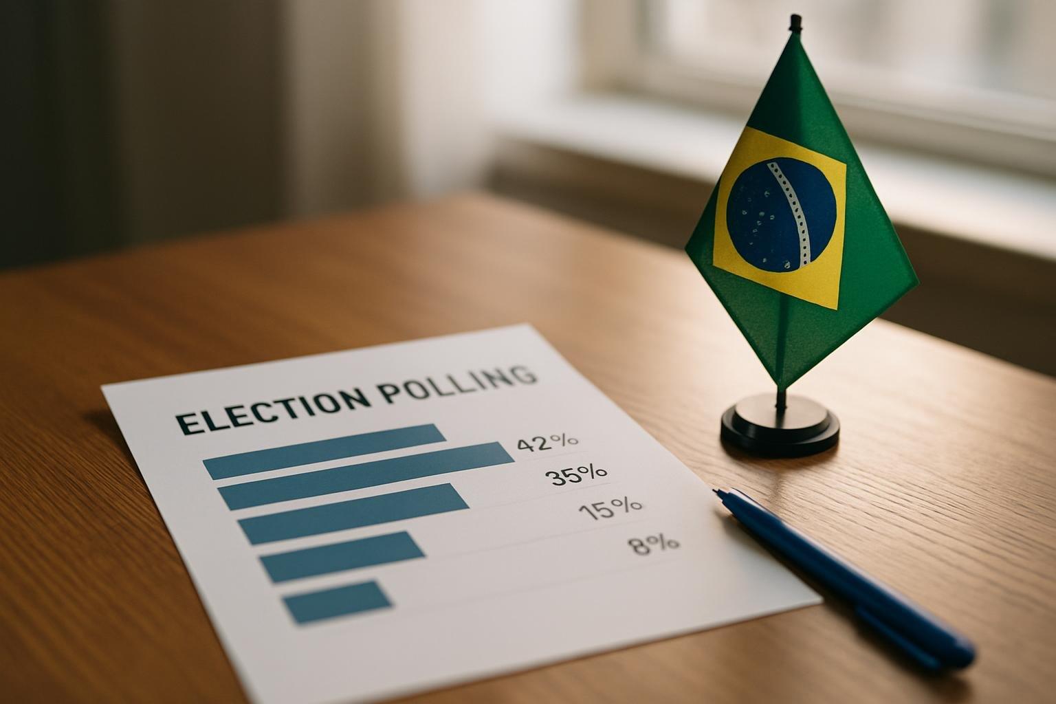 Relatório de pesquisa eleitoral impresso sobre mesa de madeira com gráficos de barras, caneta e bandeira do Brasil