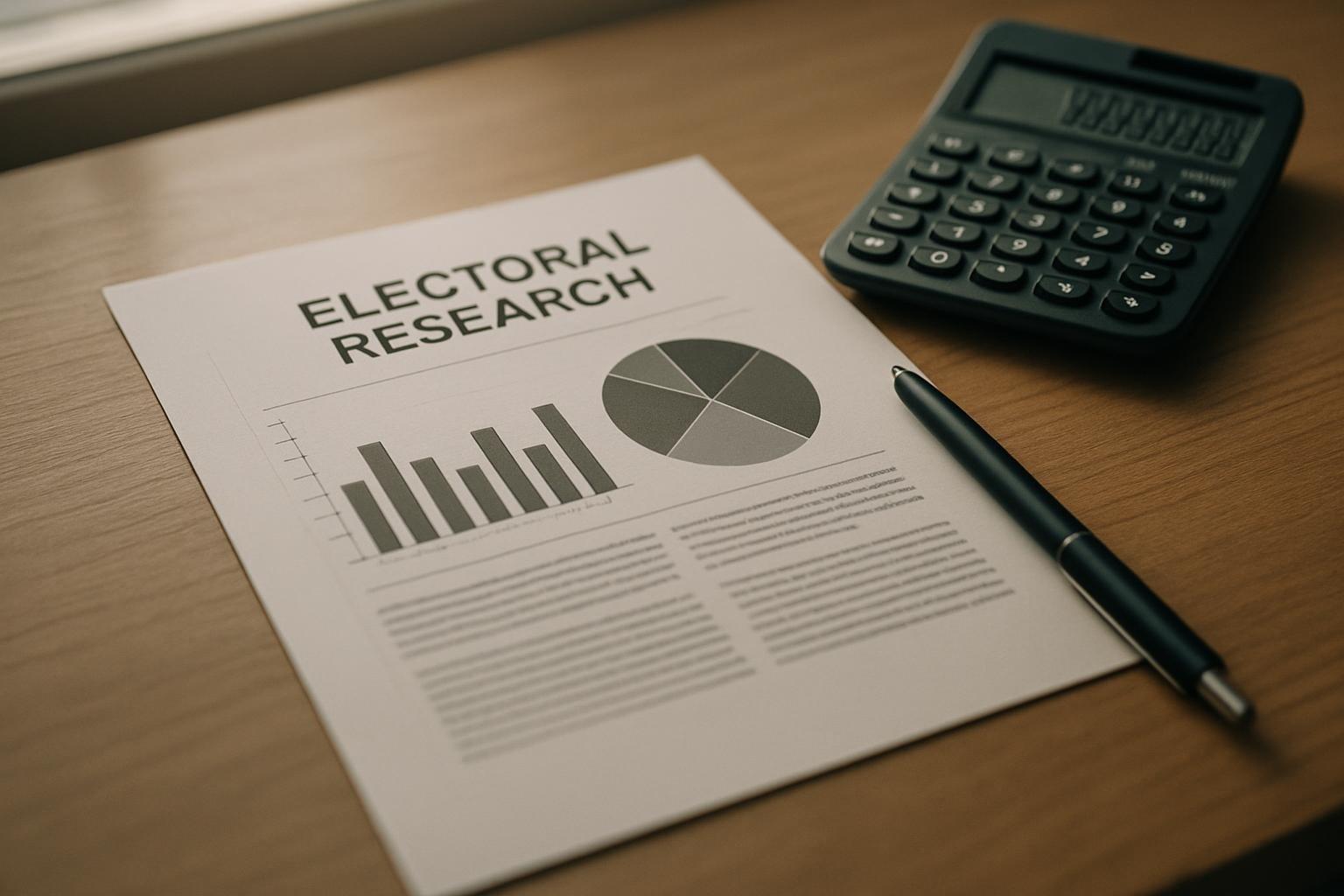 Relatório impresso de pesquisa eleitoral sobre a mesa com gráficos e calculadora ao lado