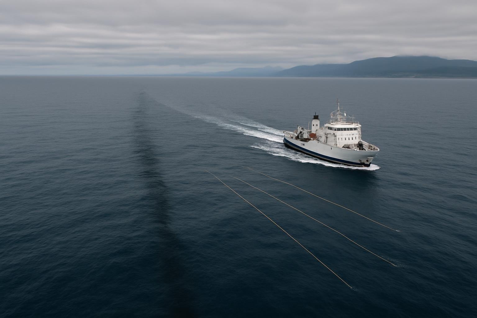 Navio de pesquisa com cabos de sensores sobre o oceano Pacífico, na região de Cascadia, onde cientistas registraram rachaduras na placa tectônica