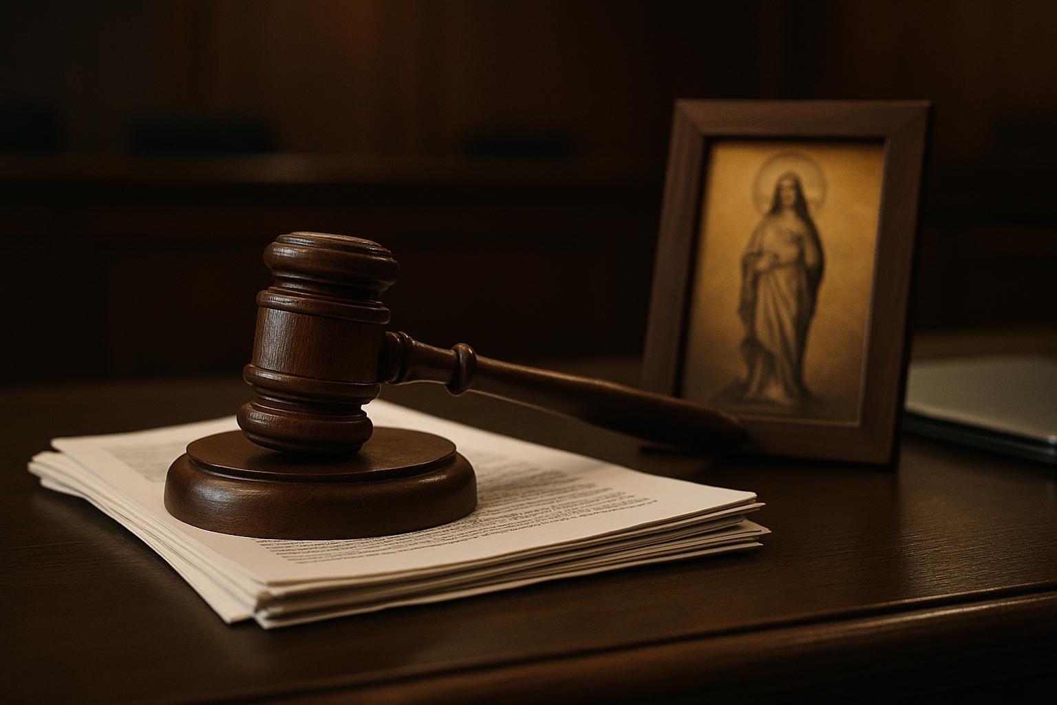 Martelo de juiz sobre documentos e imagem religiosa em mesa de tribunal, representando a decisão do TSE sobre posts de Nossa Senhora Aparecida