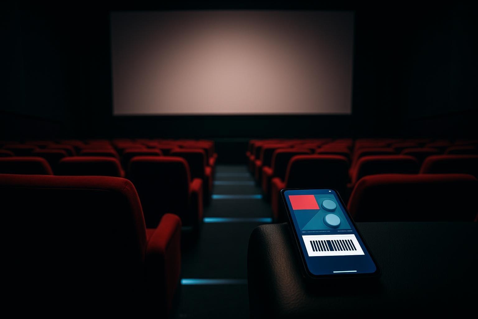 Sala de cinema vazia com poltronas vermelhas e celular exibindo interface de compra de ingresso na tela