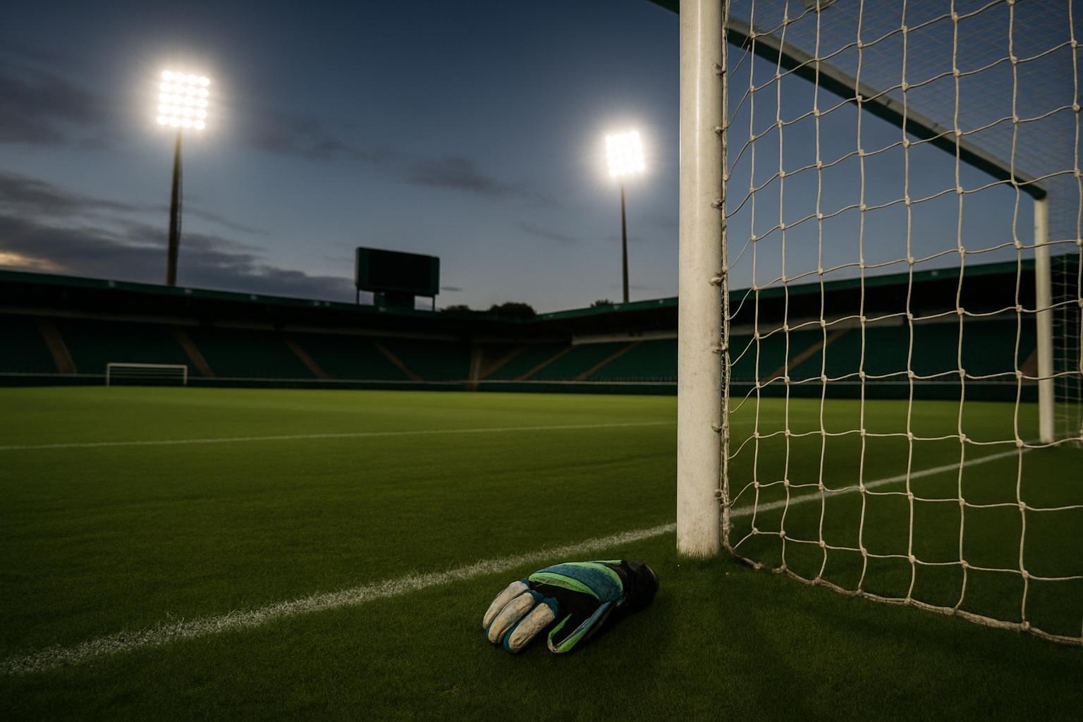 Trave e rede do Estádio da Serrinha, em Goiânia, com luva de goleiro no gramado e arquibancadas ao fundo