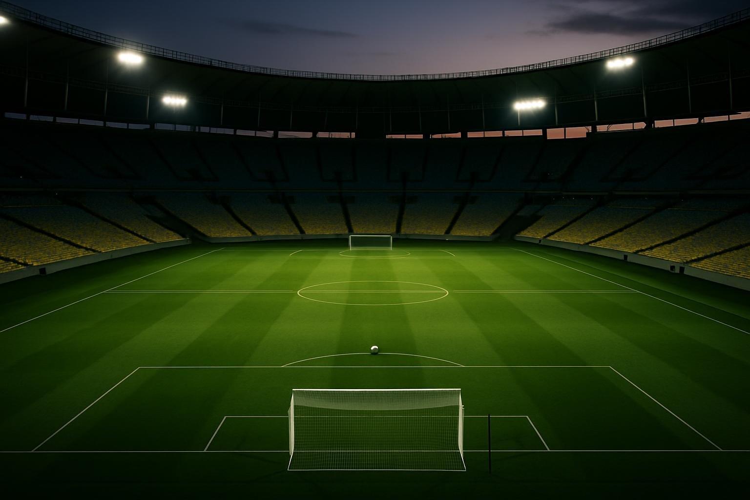 Estádio do Maracanã vazio ao anoitecer, com bola parada na marca do pênalti e arquibancadas sem torcedores