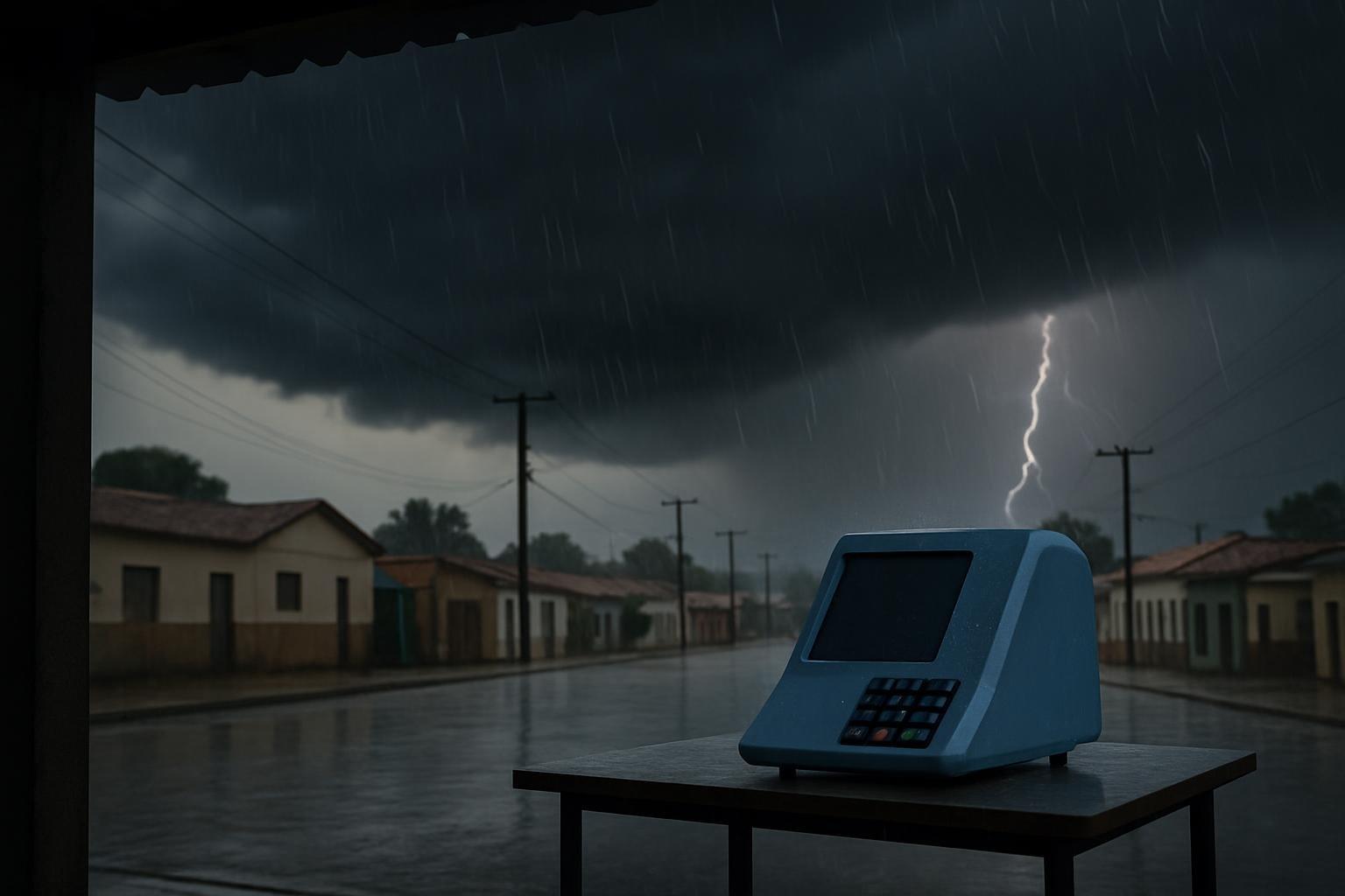 Urna eletrônica sobre mesa molhada sob céu escuro de temporal no domingo de eleições