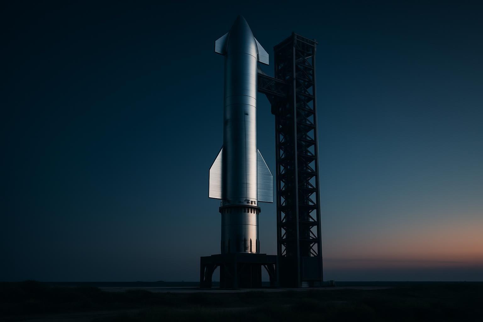 Foguete Starship em plataforma de lançamento no Texas ao amanhecer, com torre de lançamento ao fundo