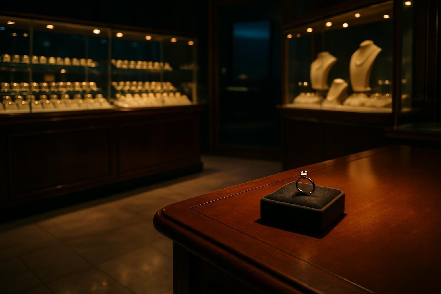 Interior de joalheria com vitrines de joias, balcão de madeira e um anel de noivado em destaque