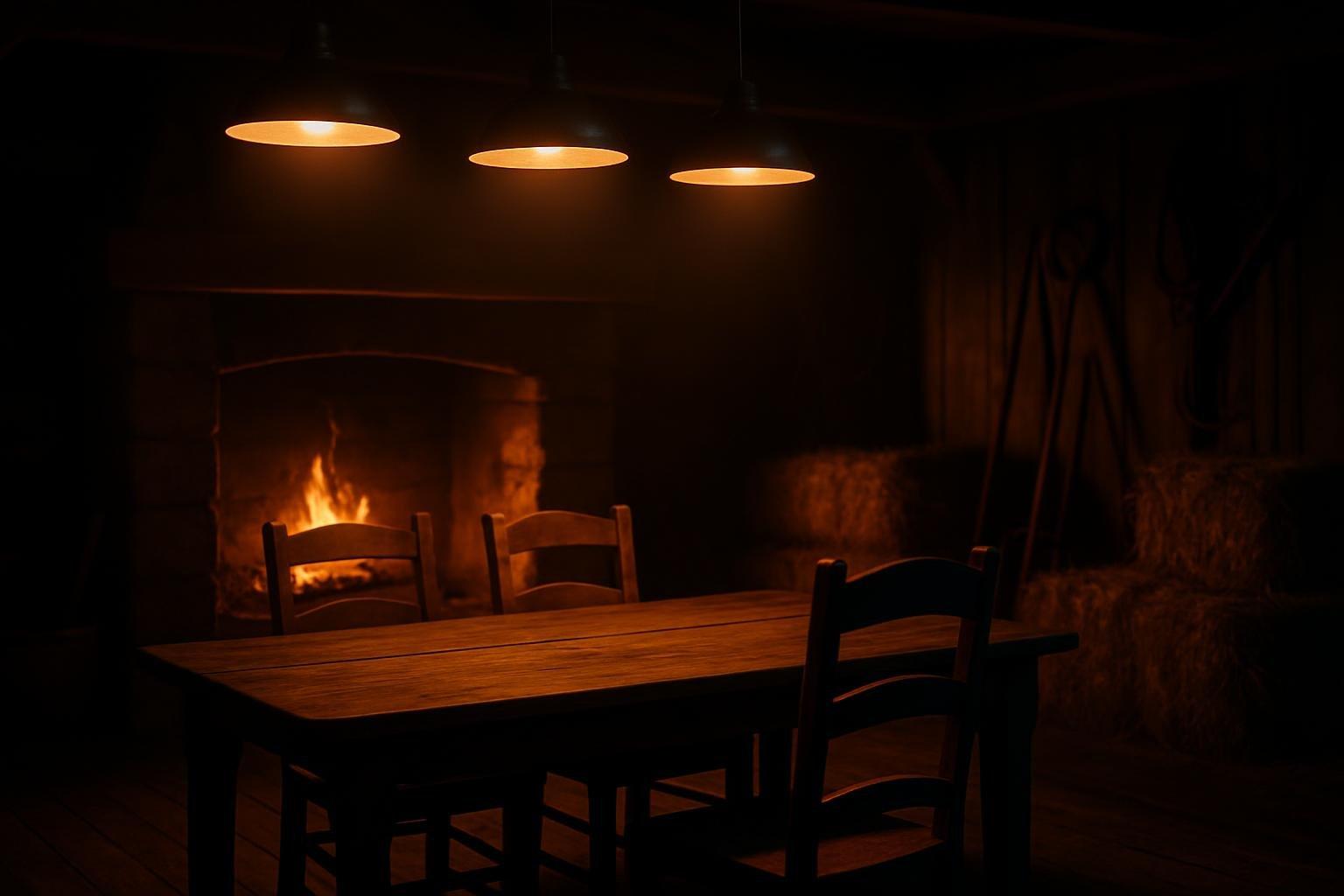 Cenário rústico de reality rural com mesa de madeira, cadeiras vazias e lareira acesa ao fundo