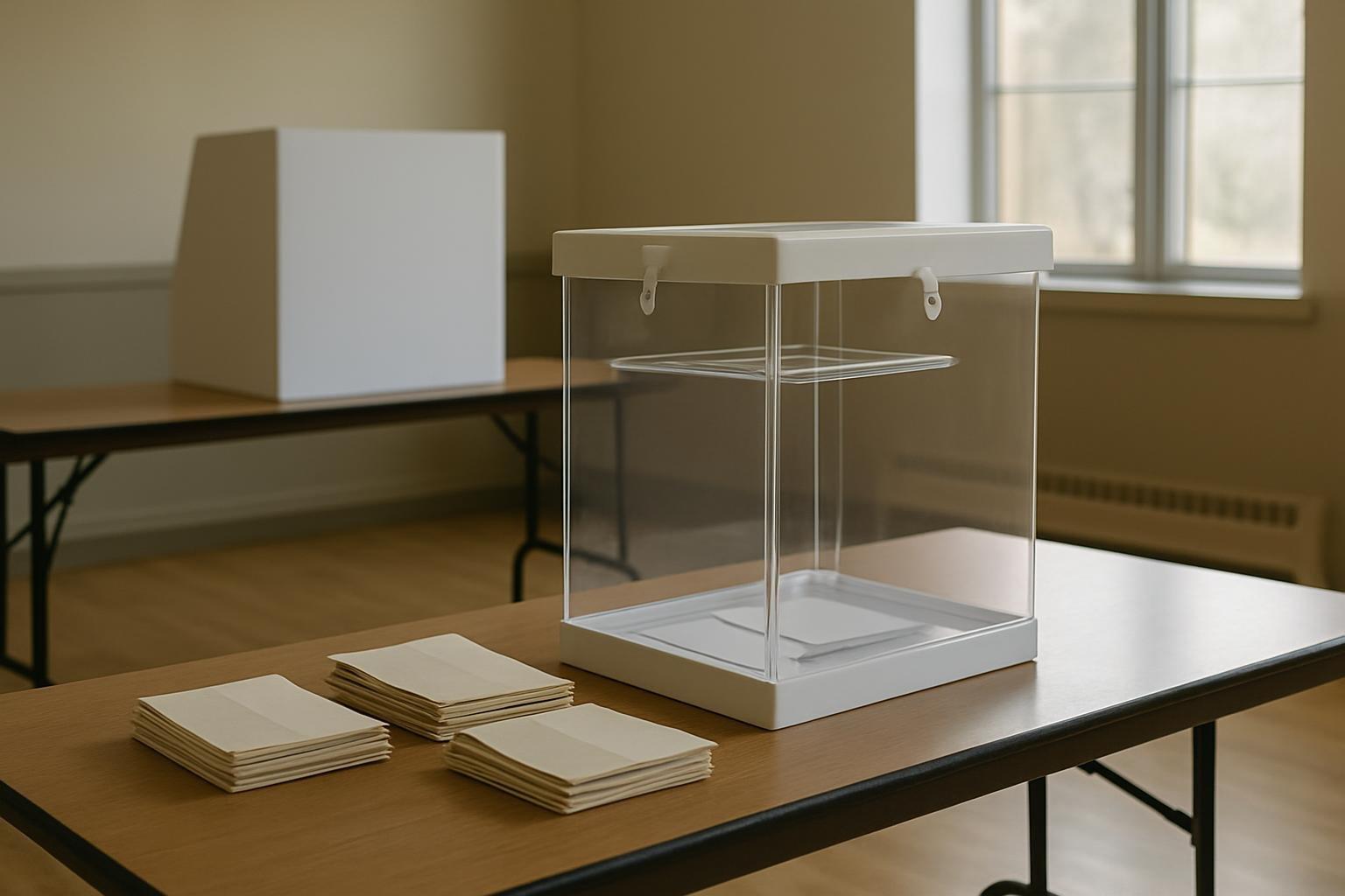 Urna transparente e cédulas de papel sobre mesa de seção eleitoral em Alberta, com cabine de votação ao fundo