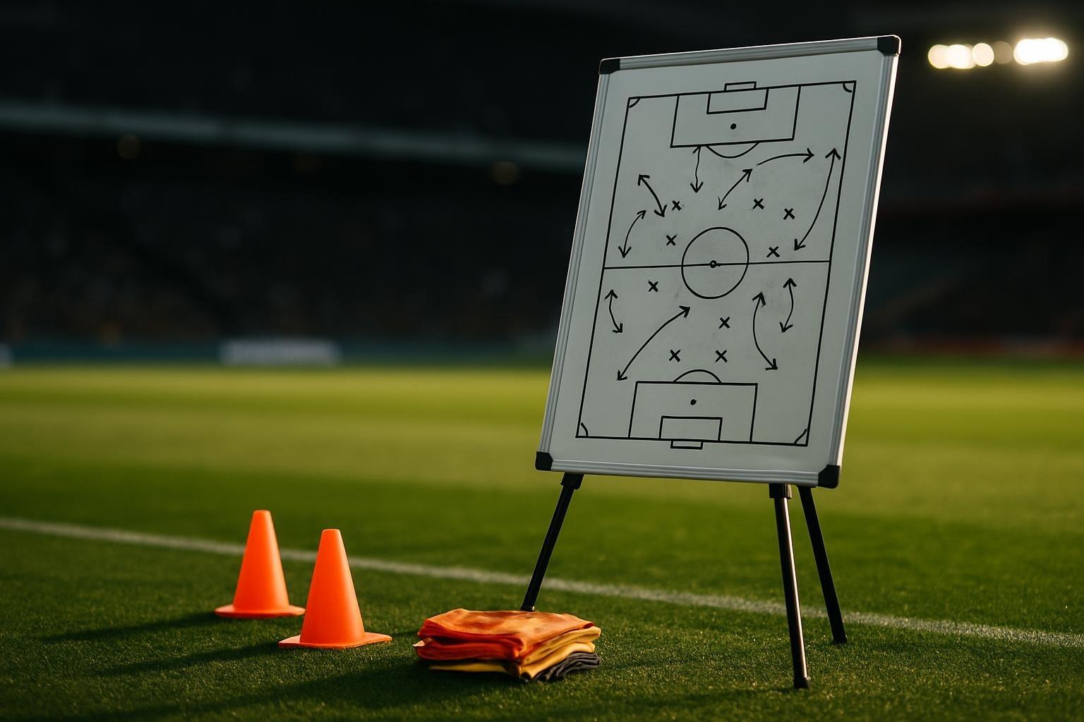 Prancheta tática com jogadas de bola parada desenhadas ao lado de cones em campo de treino sob luz de fim de tarde