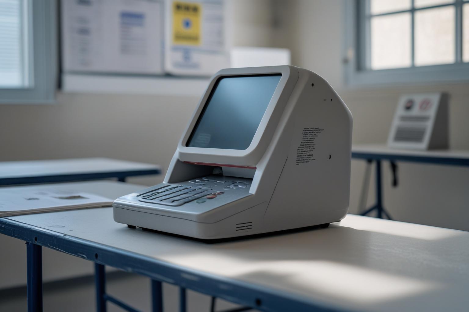 Urna eletrônica sobre mesa em seção eleitoral, com cabine de votação ao fundo, no dia do segundo turno