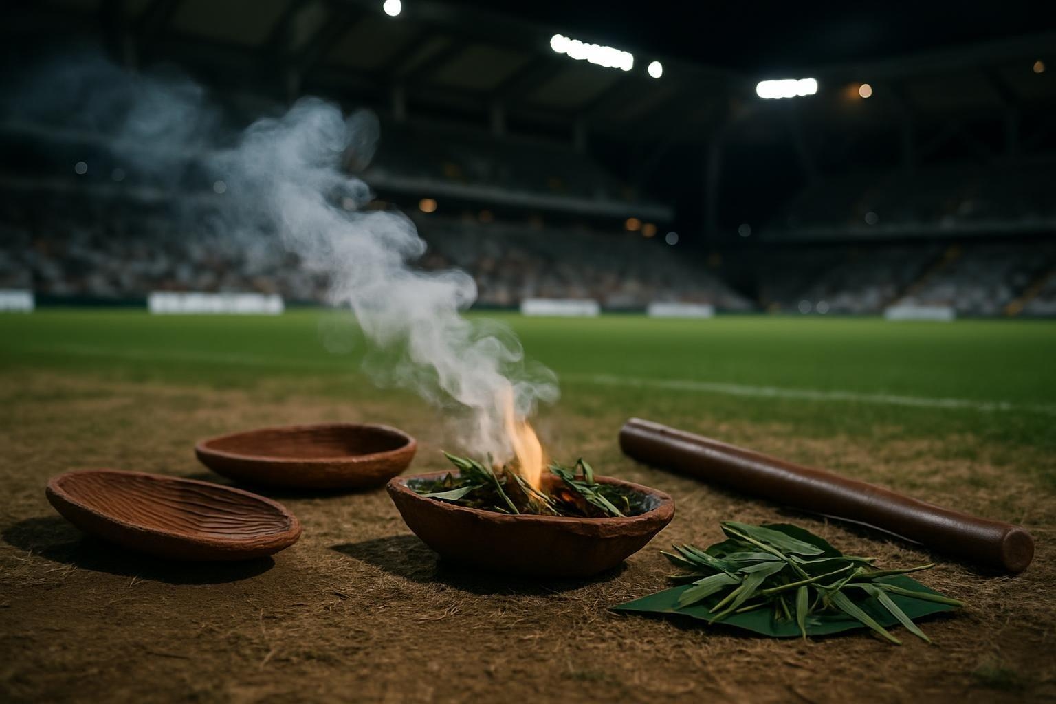 Cerimônia aborígene da fumaça em Townsville com fogo ritual e fumaça ao ar livre