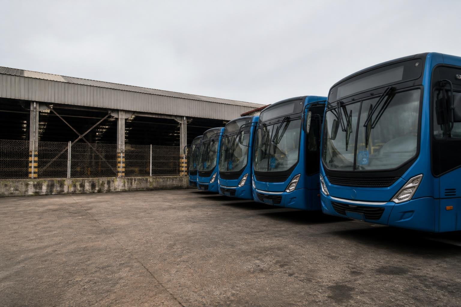Ônibus azuis da Transunião estacionados no pátio da garagem na Zona Leste de São Paulo