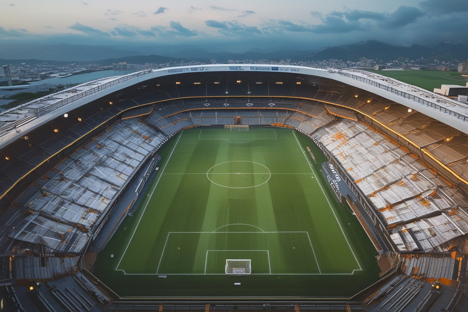 Estádio de futebol vazio visto de cima ao anoitecer, com gramado marcado e arquibancadas sem torcida