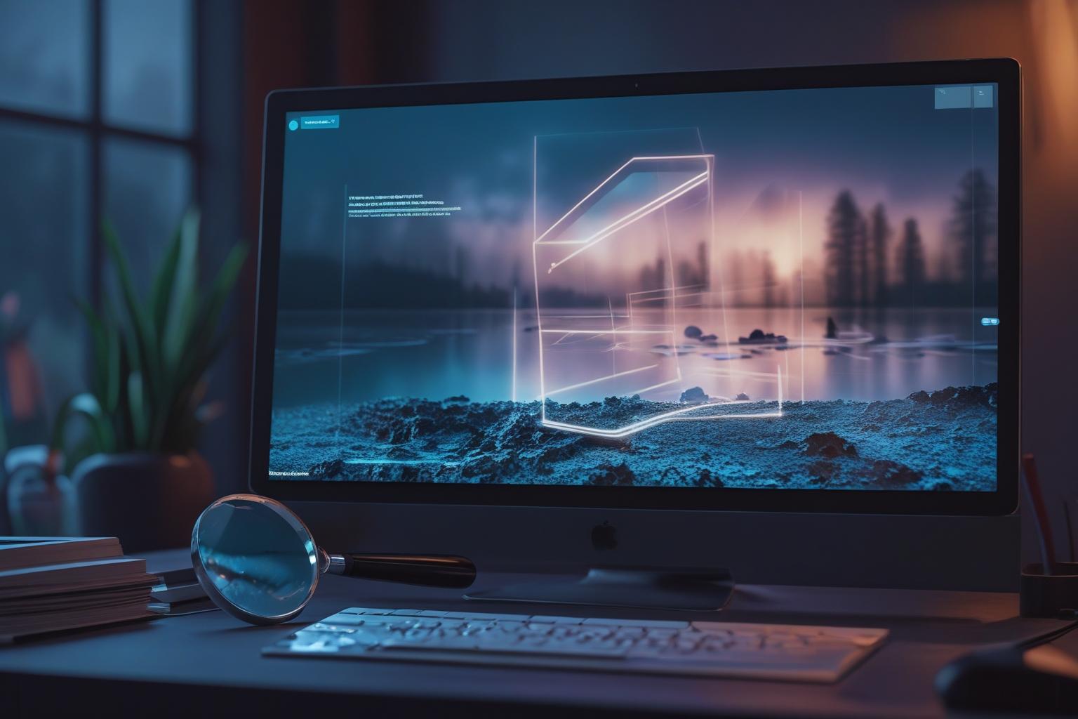 Tela de computador com padrão de marca-d'água digital sobre imagem e lupa ao lado de celular em mesa escura