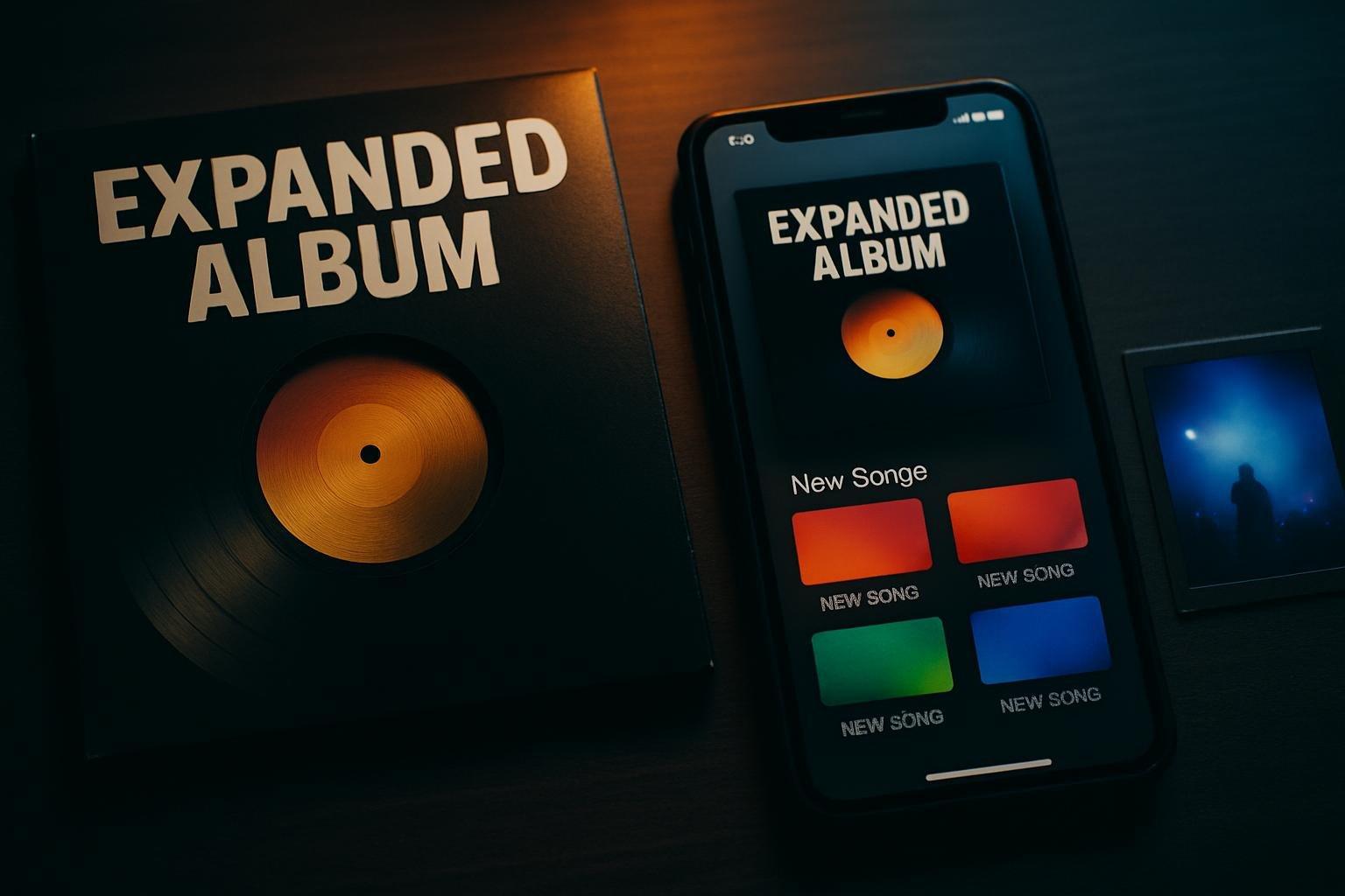Capa de álbum expandido com quatro faixas novas e tela de streaming em destaque