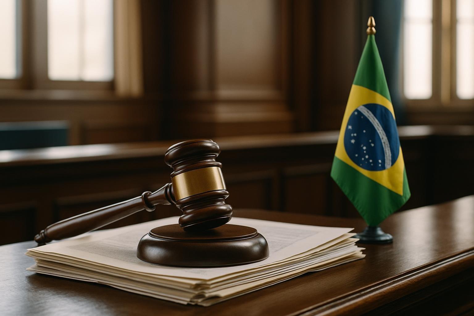 Martelo de juiz sobre documentos oficiais em tribunal, ao lado da bandeira do Brasil