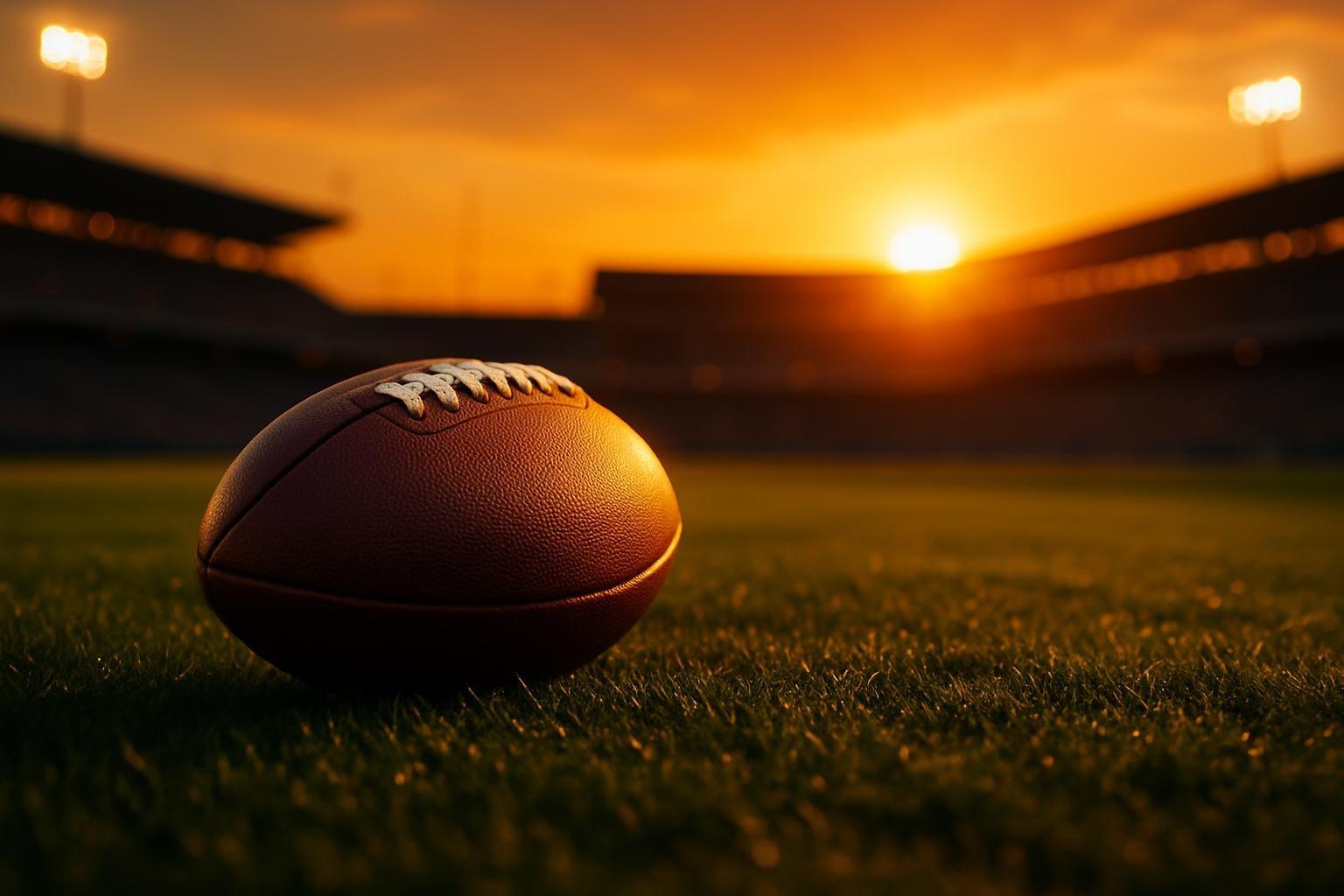 Bola de futebol americano no gramado de um campo com o pôr do sol ao fundo, em referência à publicação de Tom Brady.