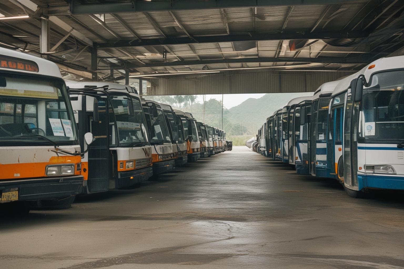 Ônibus urbanos parados lado a lado dentro de uma garagem de Salvador, com a porta aberta para a luz do dia