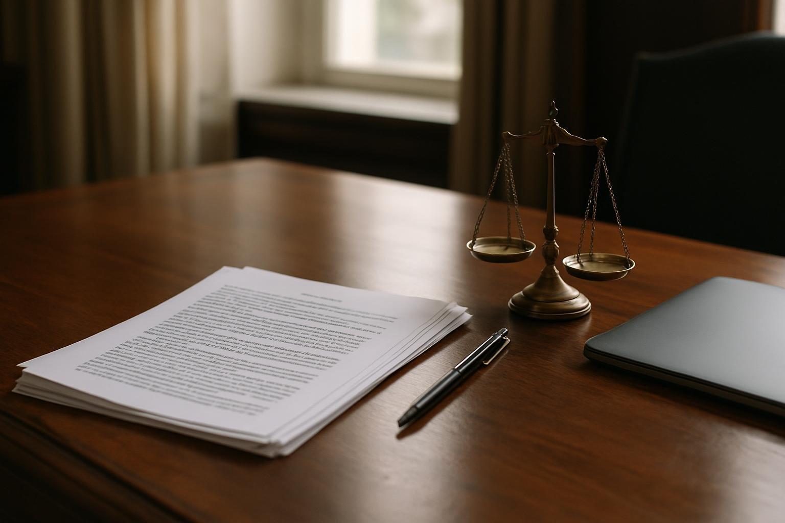 Mesa de gabinete com documentos impressos, caneta, balança da justiça e notebook fechado sob luz natural