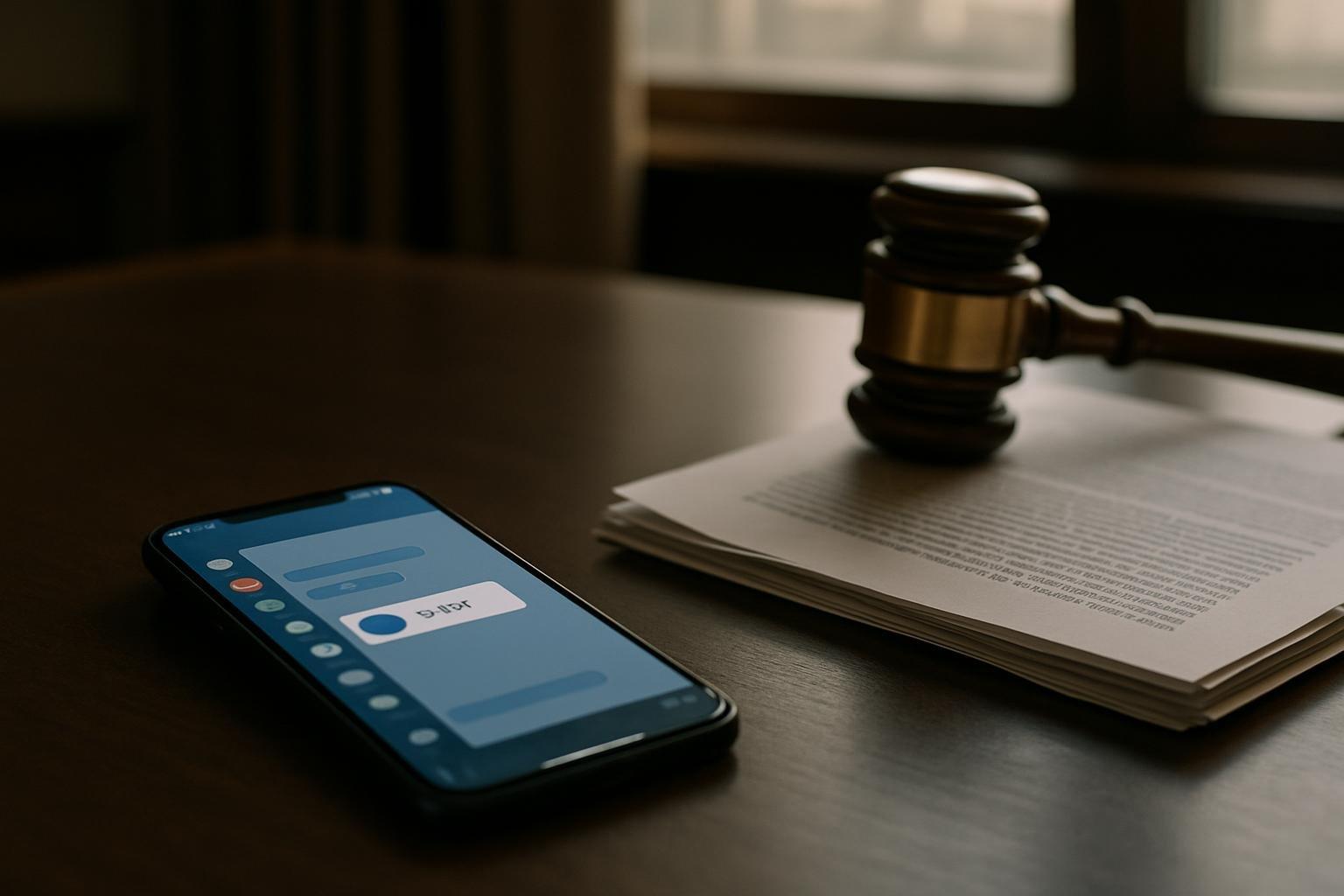 Celular com tela de aplicativo de mensagens sobre mesa de gabinete, ao lado de documento jurídico e martelo de madeira