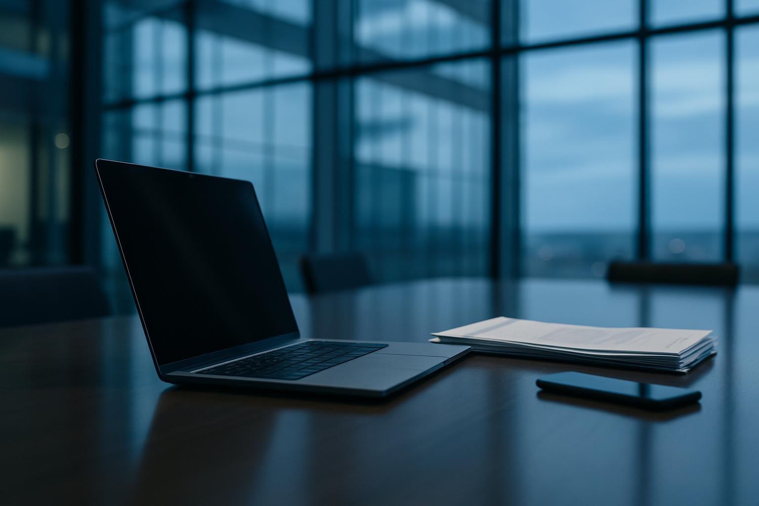 Notebook aberto sobre mesa de reunião com documentos e celular em escritório corporativo ao anoitecer