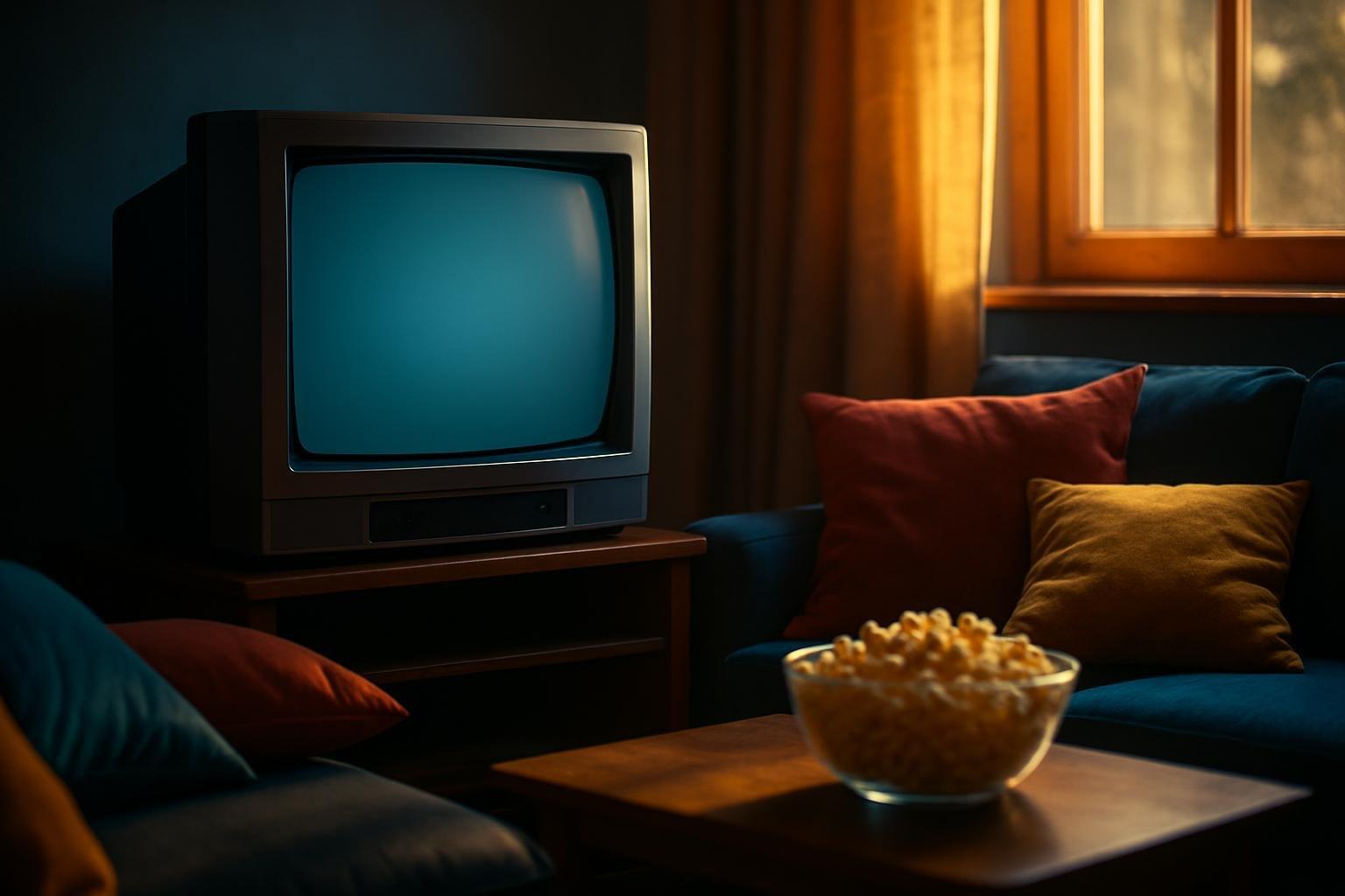 Televisão retrô em sala de estar com almofadas coloridas e pipoca, lembrando a volta da TV Globinho.