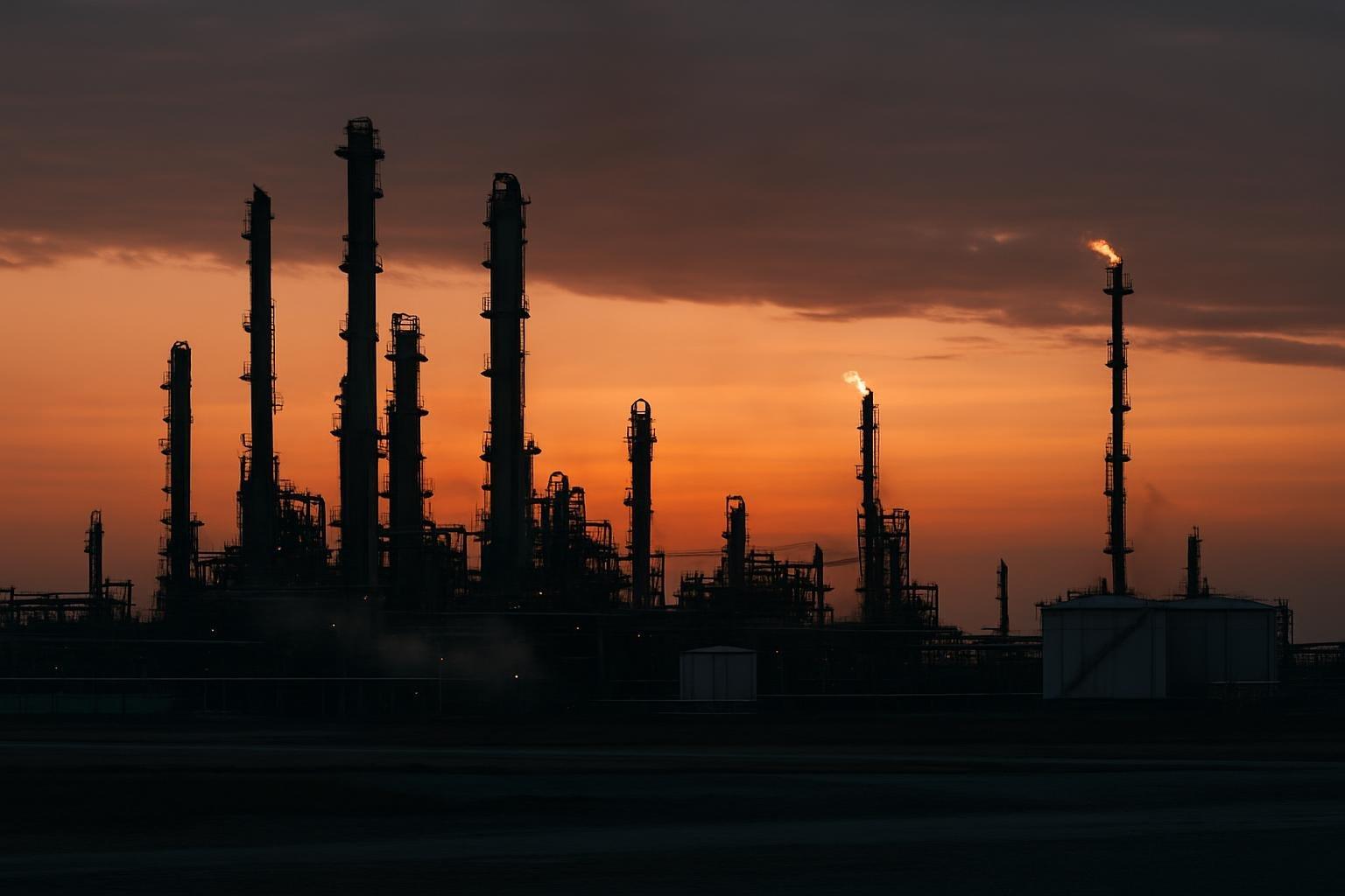 Refinaria de petróleo com torres de destilação e tanques de armazenamento ao anoitecer, sob céu alaranjado