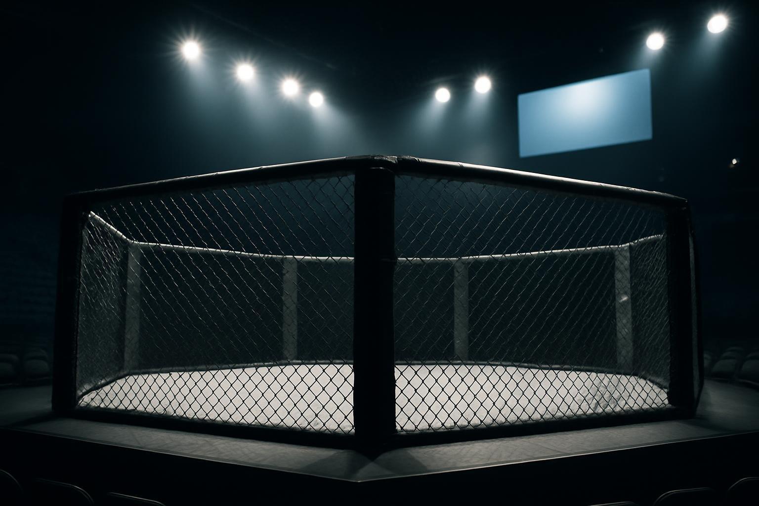Octógono de MMA vazio e iluminado dentro de arena coberta, com arquibancadas ao redor e telão ao fundo