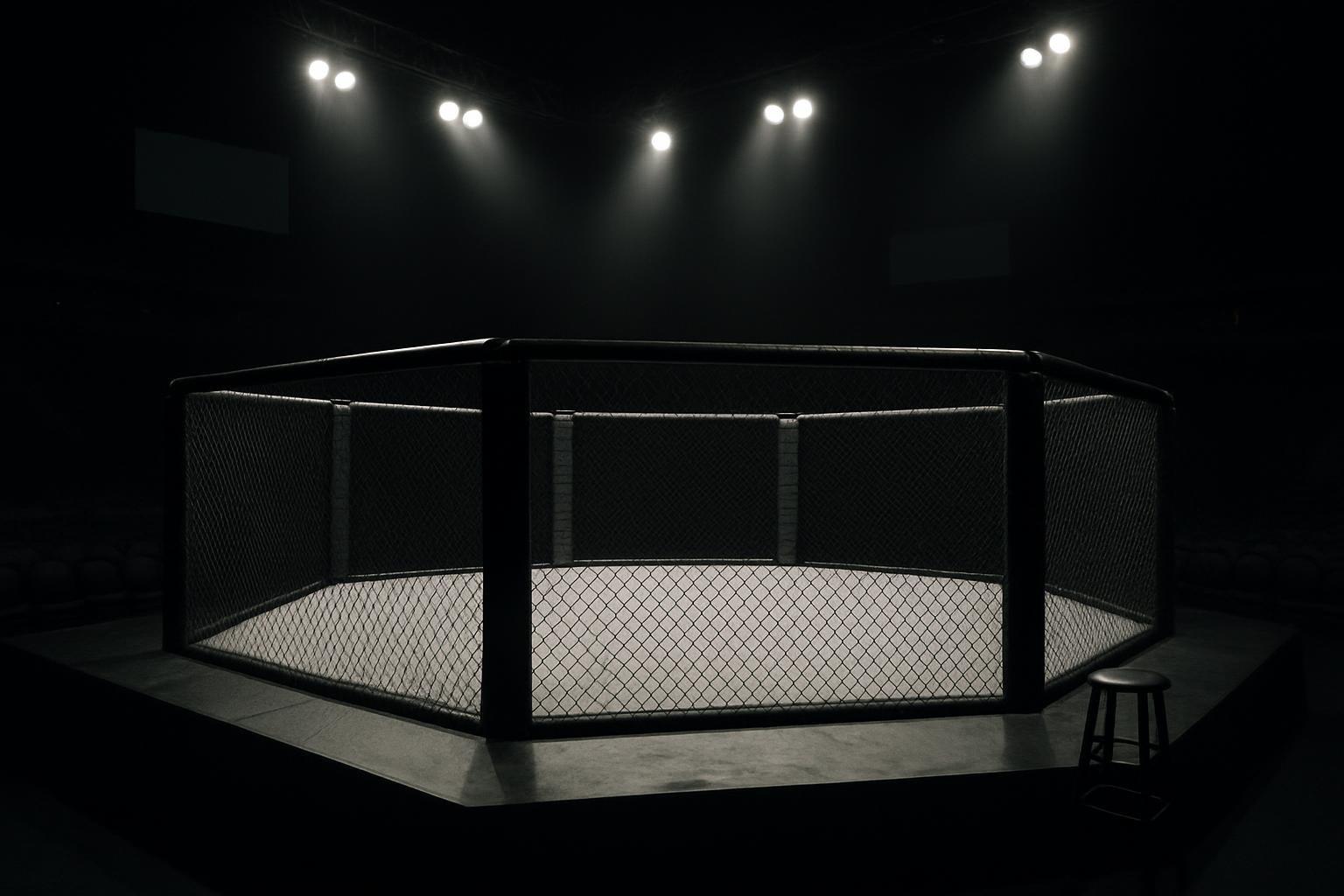 Octógono de MMA vazio e iluminado por refletores em arena escura, com assentos vazios ao fundo