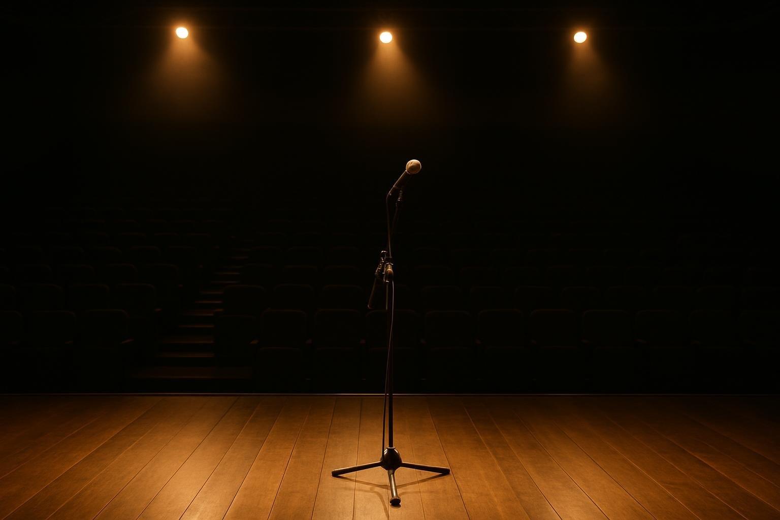 Palco vazio com microfone em auditório de festival, iluminado por refletores, com poltronas desocupadas ao fundo