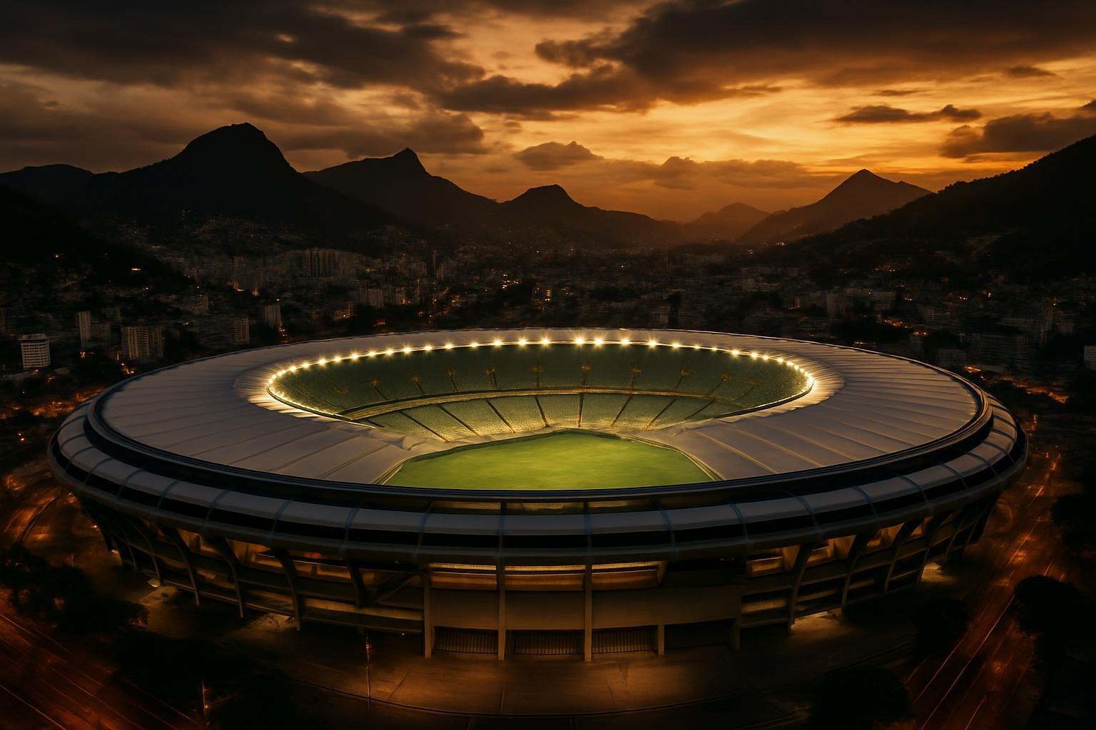 Estádio do Maracanã vazio ao anoitecer, com o gramado iluminado e a arquitetura da arena em destaque