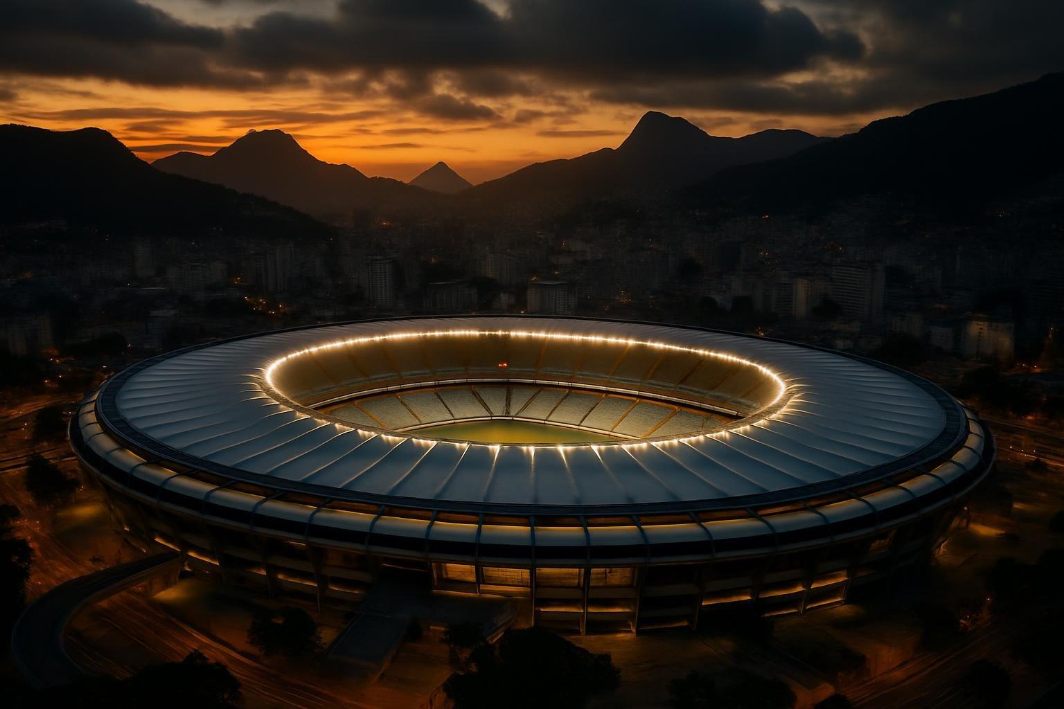 Estádio do Maracanã visto de cima ao anoitecer, com o gramado iluminado e a cidade ao redor